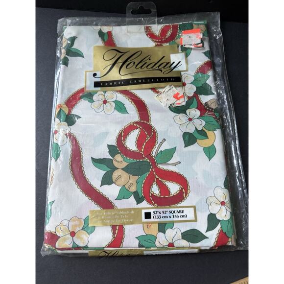Vintage Holiday Fabric Table Cloth Christmas Garland Ivory 52x52 Tableware Retro - Picture 1 of 4